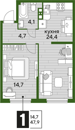 Планировка 1-комн 47,9 м²