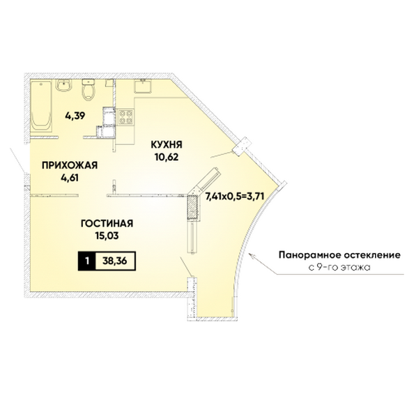 Планировка 1-комн 38,36 м²