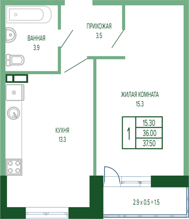 Планировка 1-комн 37,5, 37,8 м²