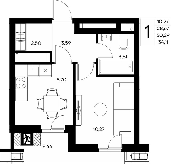 Планировка 1-комн 34,11, 34,16 м²