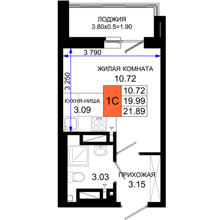 Планировка Студия 21,89 м²