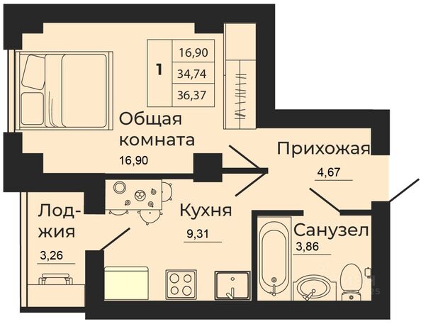 Планировка 1-комн 36,37, 36,57 м²