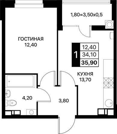 Планировка 1-комн 35,9 м²