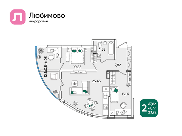 Планировка 2-комн 67,82 м²