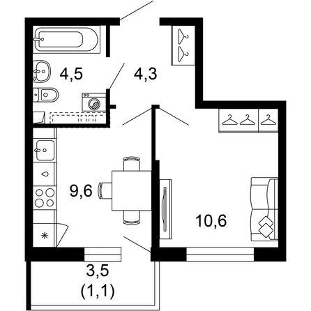 Планировка 1-комн 29,5, 30,1 м²