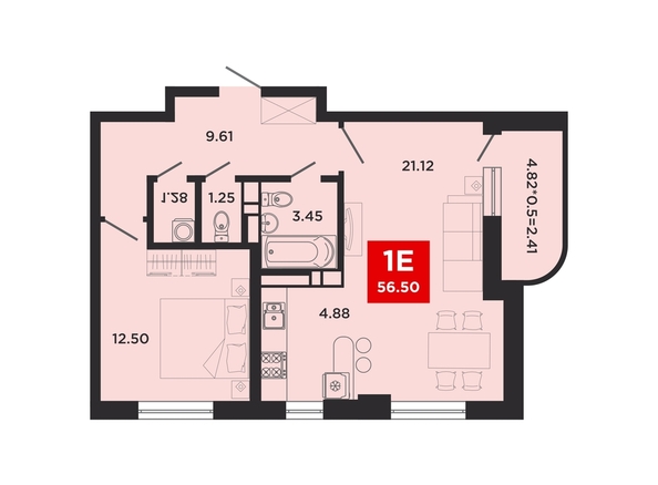 Планировка 1-комн 56,5 м²