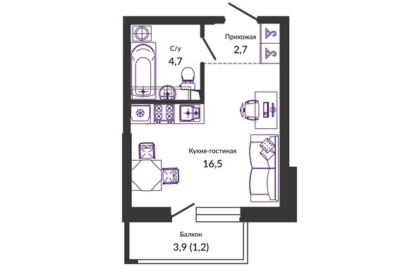 Планировка 1-комн 25,1 м²