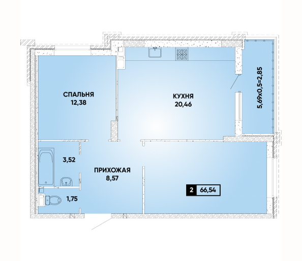 Планировка 2-комн 66,54 м²