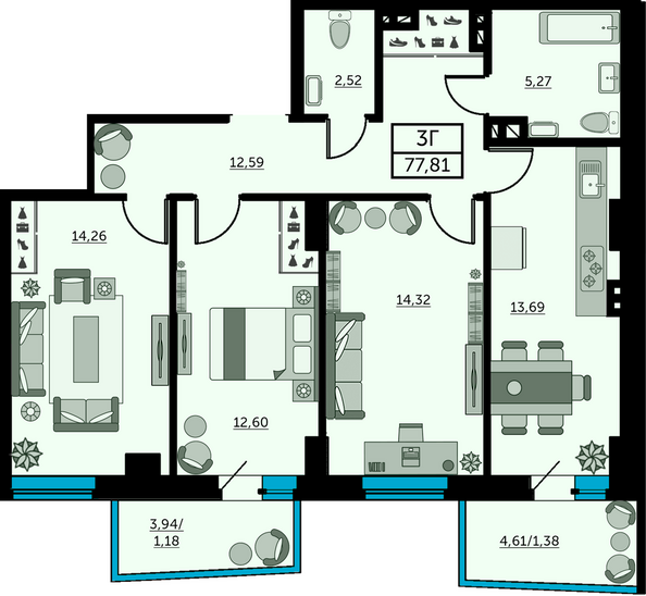 Планировка 3-комн 76,87 - 77,36 м²