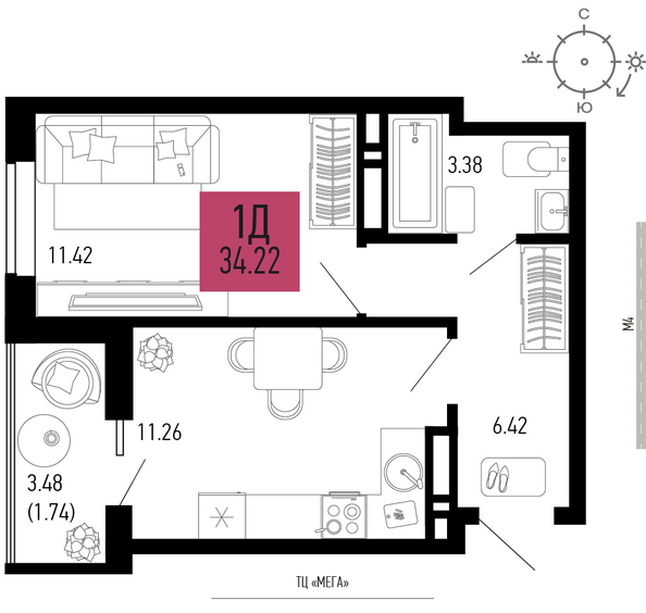 Планировка 1-комн 34,22 м²