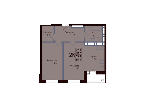 Планировка 2-комн 53,9 м²