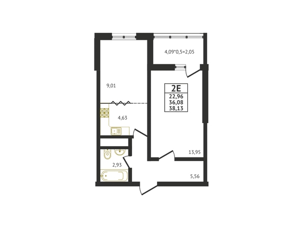 Планировка 1-комн 38,13, 38,16 м²