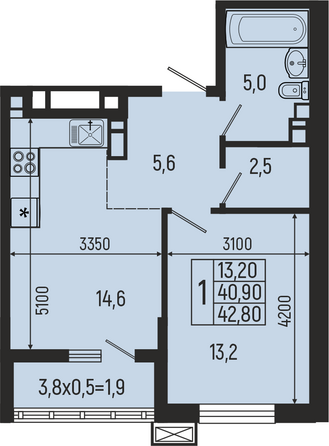 Планировка 1-комн 42,8, 45,8 м²