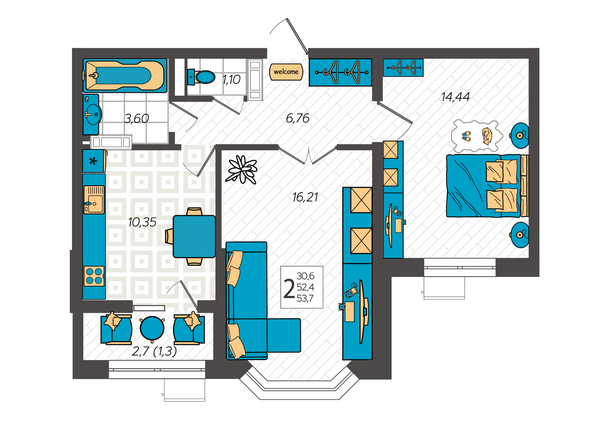 Планировка 2-комн 53,7 м²