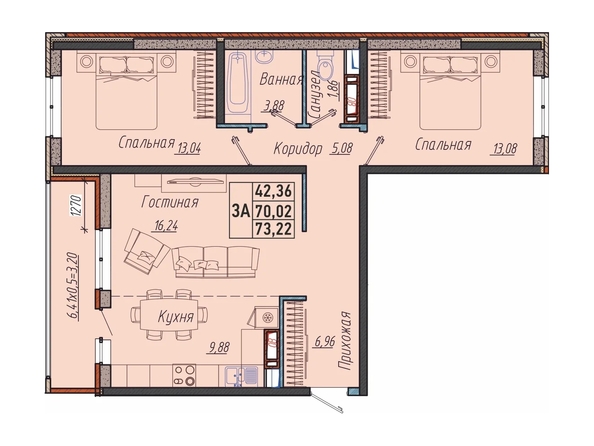 Планировка 3-комн 73,22 м²