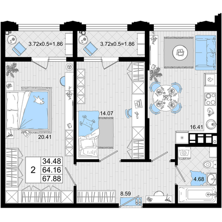 Планировка 2-комн 67,88 м²