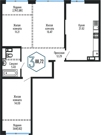 Планировка 3-комн 88,72 м²