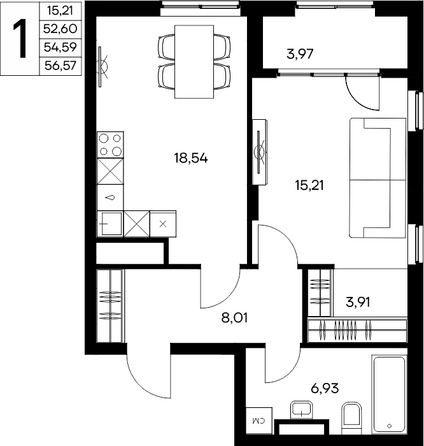 Планировка 1-комн 56,57 м²