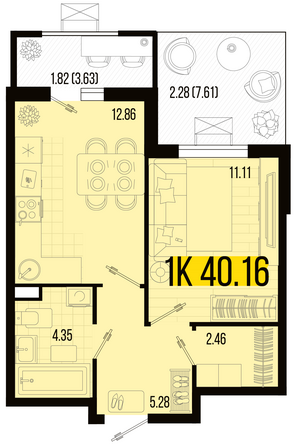 Планировка 1-комн 40,16 м²