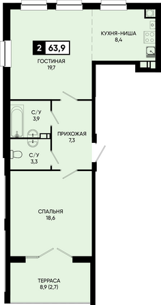 Планировка 2-комн 63,7, 63,8 м²