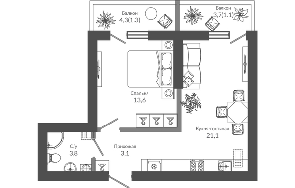 Планировка 1-комн 44 м²