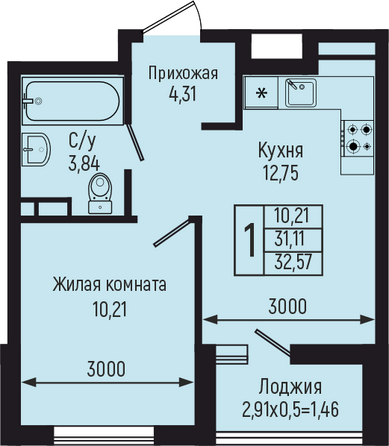 Планировка 1-комн 32,57 м²