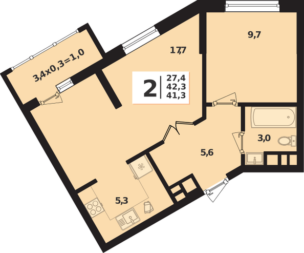 Планировка 2-комн 42,3 м²