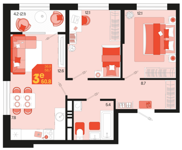 Планировка 3-комн 60,8, 61,4 м²