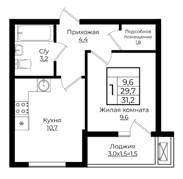 Планировка 1-комн 31,2, 31,7 м²