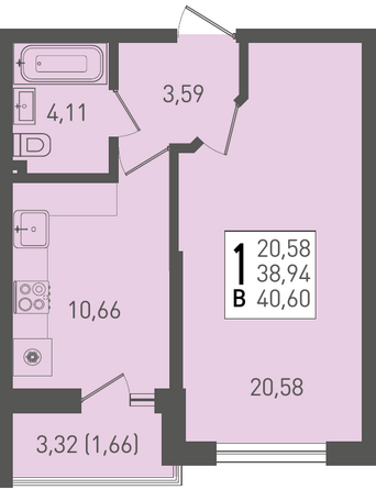 Планировка 1-комн 40,6 м²