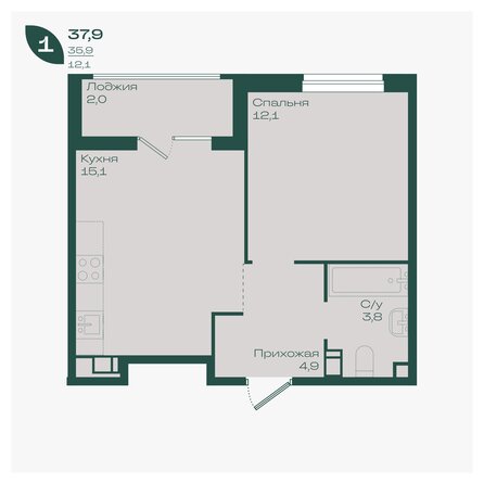 Планировка 1-комн 37,9, 38,1 м²