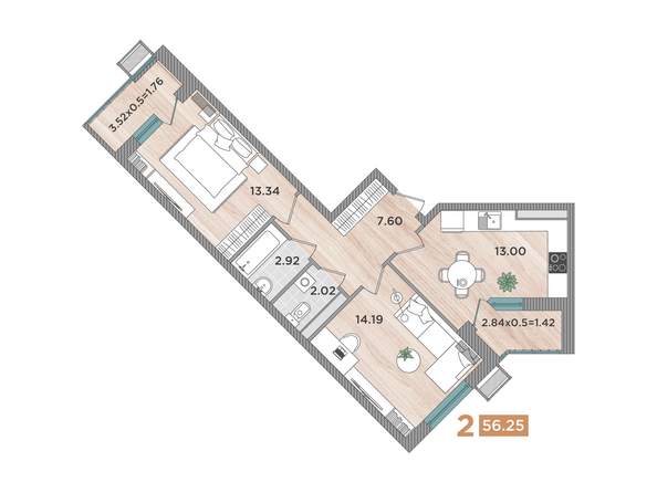 Планировка 2-комн 56,25 м²