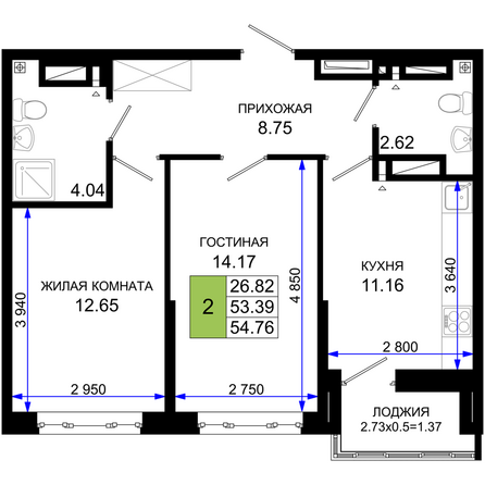 Планировка 2-комн 54,76 м²