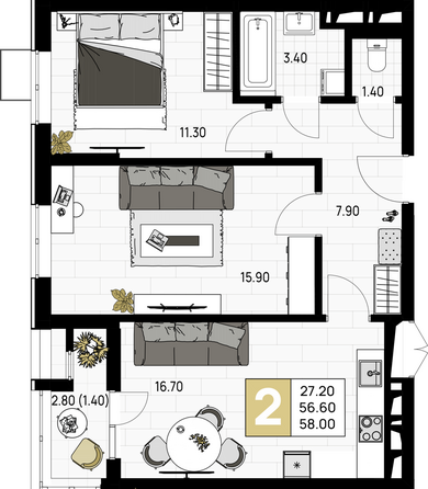 Планировка 2-комн 58 м²