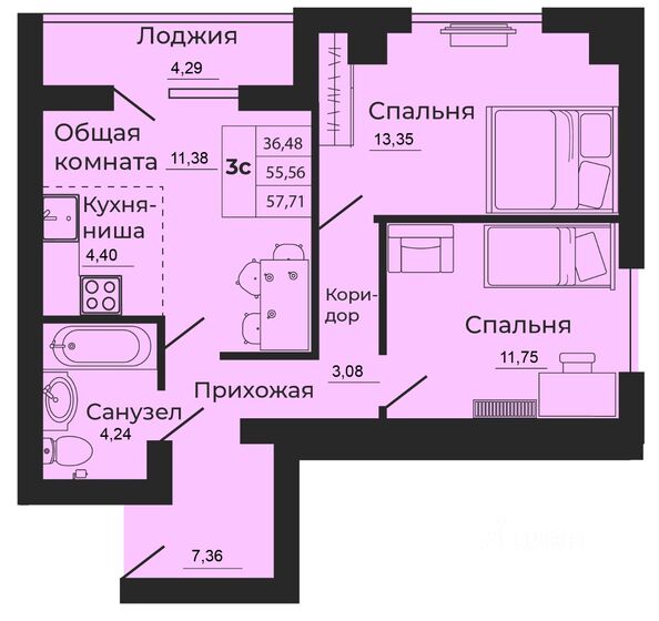 Планировка 3-комн 57,71 м²