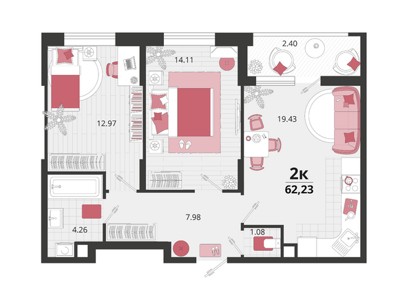 Планировка 2-комн 62,23 м²