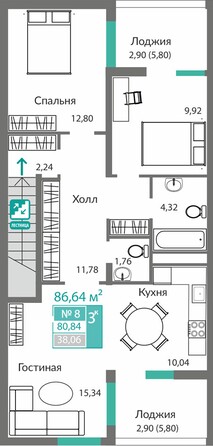 Планировка 3-комн 80,84 м²