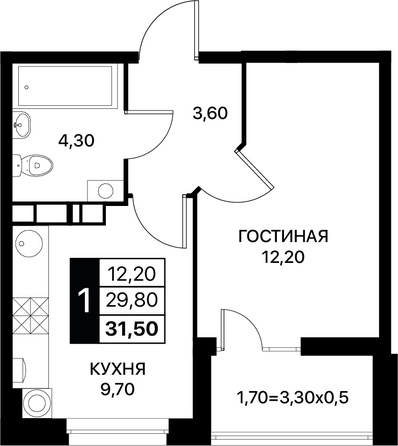 Планировка 1-комн 31,5 м²