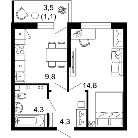 Планировка 1-комн 34,3 м²