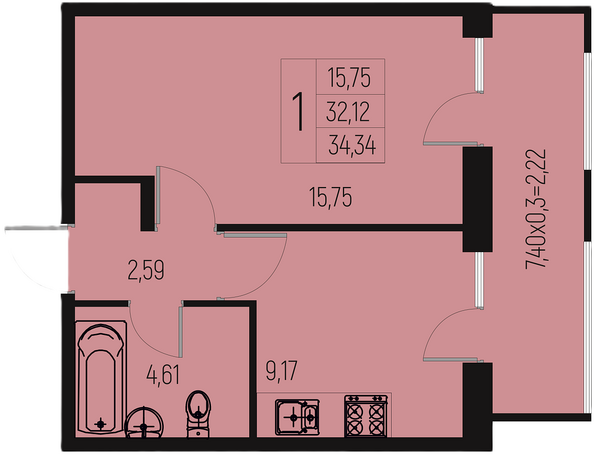 Планировка 1-комн 34,34 м²