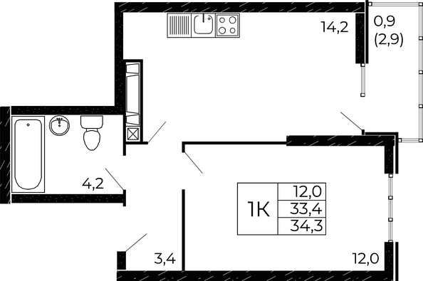 Планировка 1-комн 34,3 м²