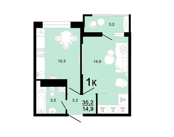 Планировка 1-комн 35,2 м²