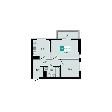 Планировка 2-комн 45,25 м²