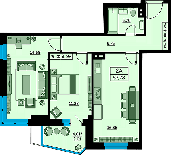 Планировка 2-комн 57,61 - 58,19 м²