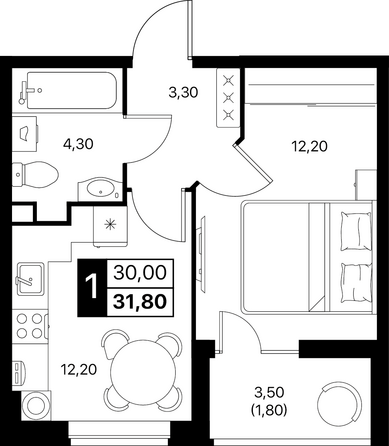 Планировка 1-комн 31,8 - 32,1 м²