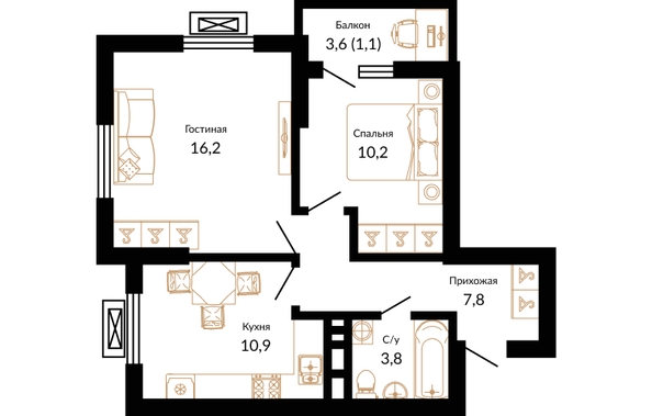 Планировка 2-комн 50 м²