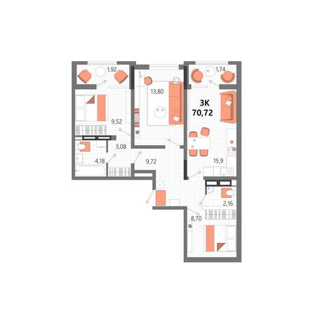 Планировка 3-комн 70,72 м²