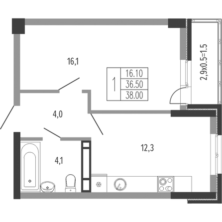 Планировка 1-комн 38 м²