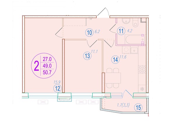 Планировка 2-комн 50,7 м²