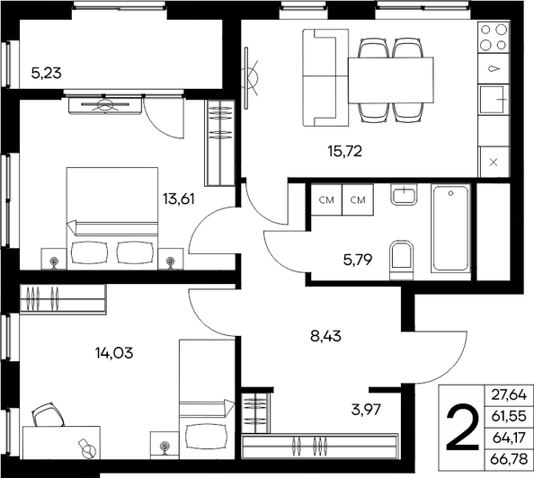 Планировка 2-комн 66,78 м²